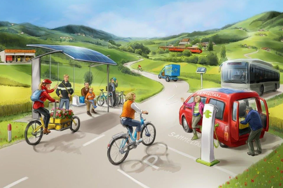 Bildbeschreibung / description: KI Bild von vielen Verkehrsmitteln und -teilnehmern im ländlichen Raum