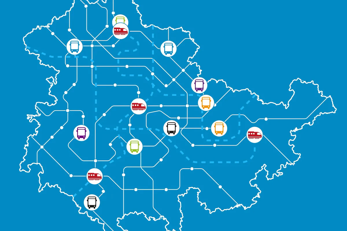 Bildbeschreibung / description: Thüringenkarte mit der Andeutung eines Taktfahrplanes