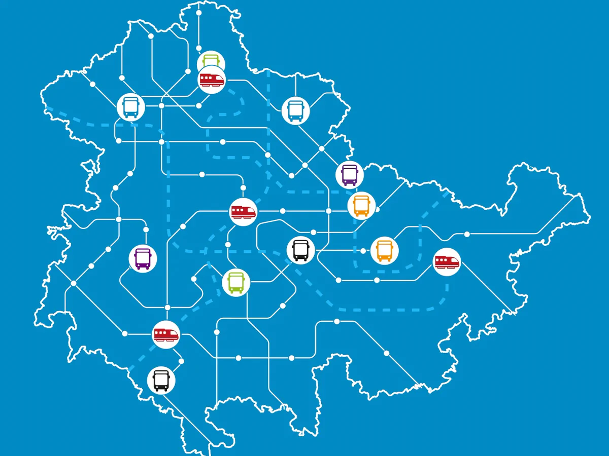 Bildbeschreibung / description: Thüringenkarte mit der Andeutung eines Taktfahrplanes