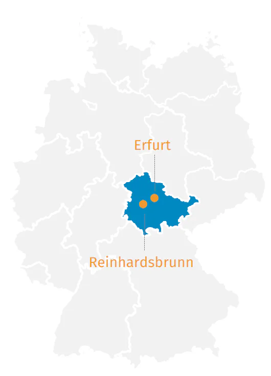 Bildbeschreibung / description: Lageplan von Deutschland (simple Darstellung), eingezeichnet sind Erfurt und Schloss Reinhardsbrunn im Zentrum Deutschlands